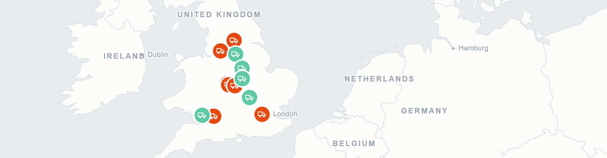 Live fleet map of the UK and northwest Europe showing 7 delivery vehicles and 5 collection vehicles