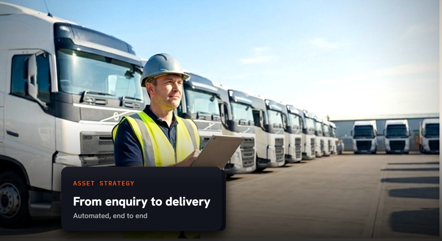 Fleet trucks lined up at an OGRE depot — asset strategy: from enquiry to delivery, automated end to end